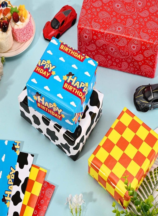 Bolsome 12Pcs Cartoon Story Gift Wrapping Paper, 19.7×27.6 inch, Cow Print Yellow Plaid Blue SKy Clouds Red Bandana Pattern Wrap Paper for Birthday Party Baby Showers Packaging Supplies - Image 3